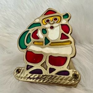 Vintage Brass Stain Glass Santa w/Gift Sack Napkin Holder Enamel Christmas